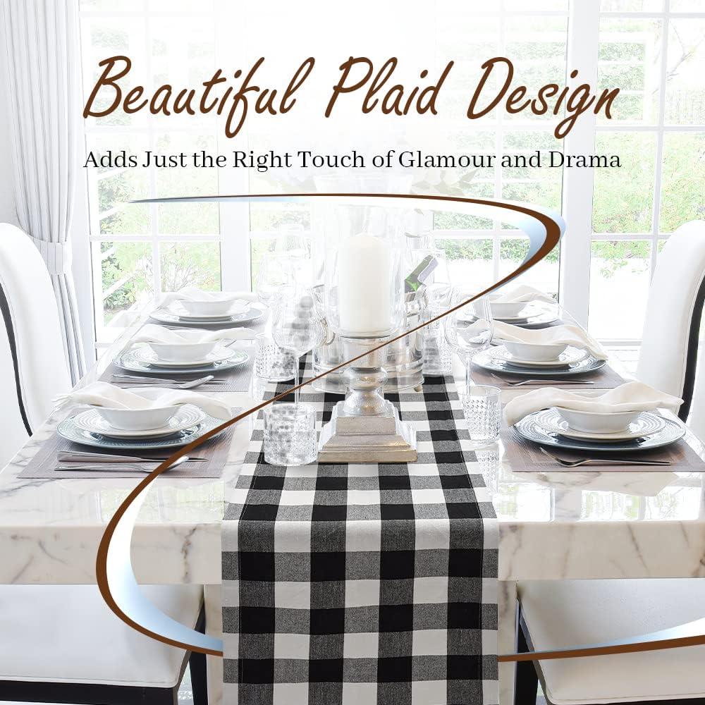 Yourtablecloth Plaid Checkered Table Runner - Washable Indoors or Outdoors (Black and White, 14 x 108)