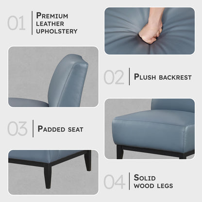 Lexicon Modern Living Room Leather Accent Chair, Luxury Genuine 100% Top Grain Leather Upholstered Armless Chair, Comfortable Seat, Black Solid Wood Legs for Bedroom/Office, Easy Assembly, Blue
