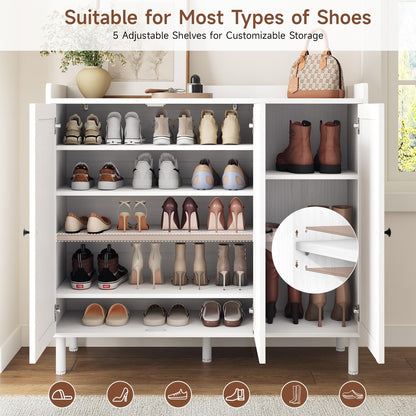 5+2 Tier Shoe Storage Cabinet with 3 Doors, 40" Tall Entryway Cabinet for 30 Pairs Shoe, Shoe Rack Organizer with 5 Adjustable Shelves & Metal Legs, Shoe Storage for Front Door Entrance, White