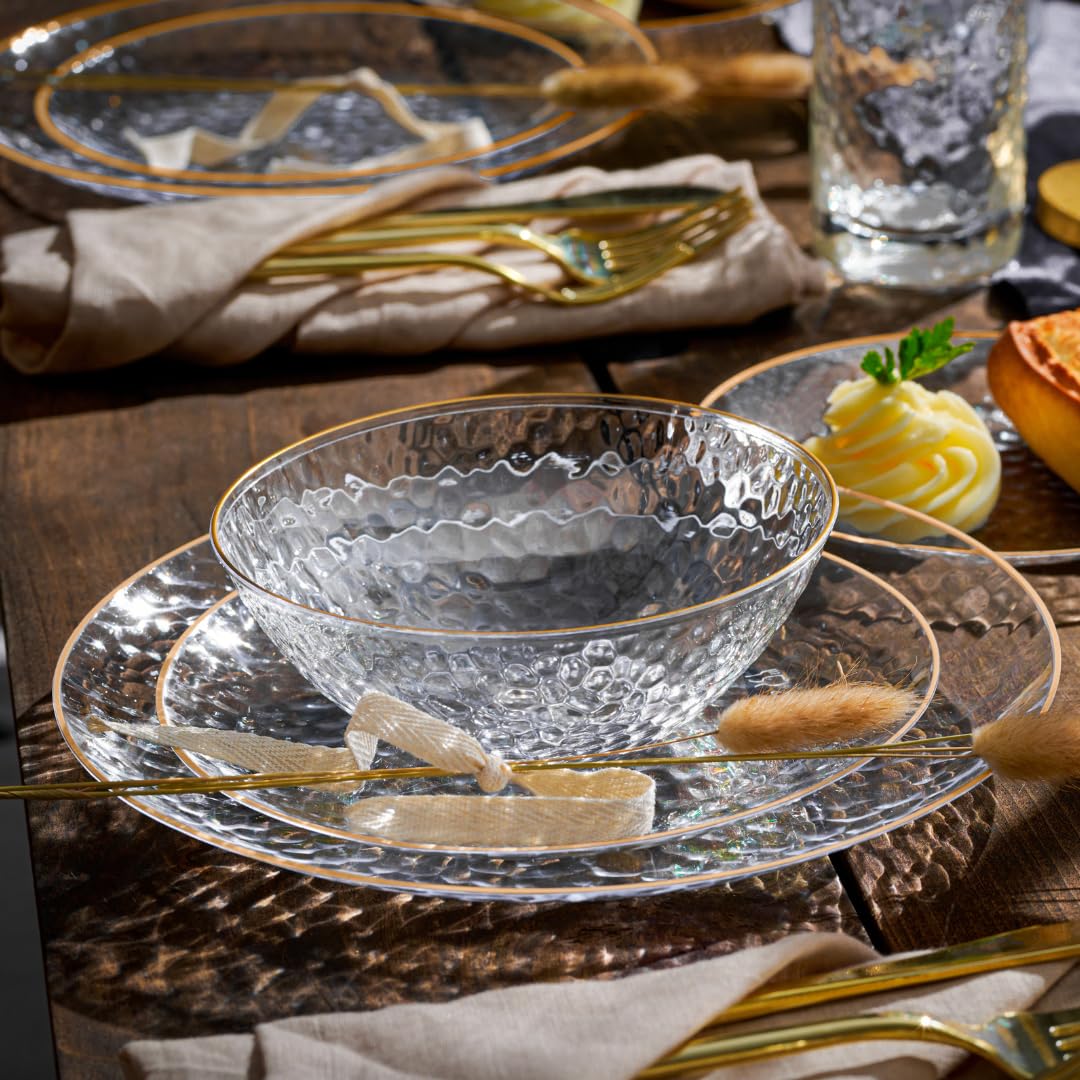 R-kay 100 Pack Clear Plastic Plates - 6.25 IN Hammered Gold Rimmed Sturdy, Durable And Extra Heavy duty Gold Plastic Dessert Plates Disposable - Ideal For Appetizer And And For Desserts.