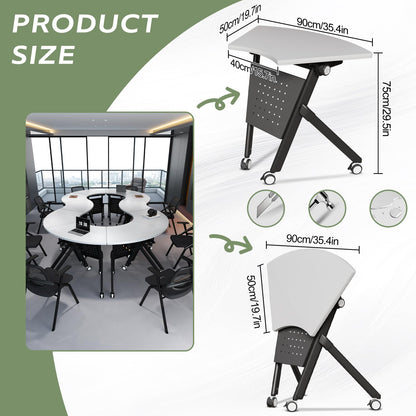 JFazzruit Folding Conference Table,Fan-Shaped Conference Room Tables with Wheels, Mobile Modular Seminar Meeting Desk for Classrooms,Office & Seminar (4, Fan-White)