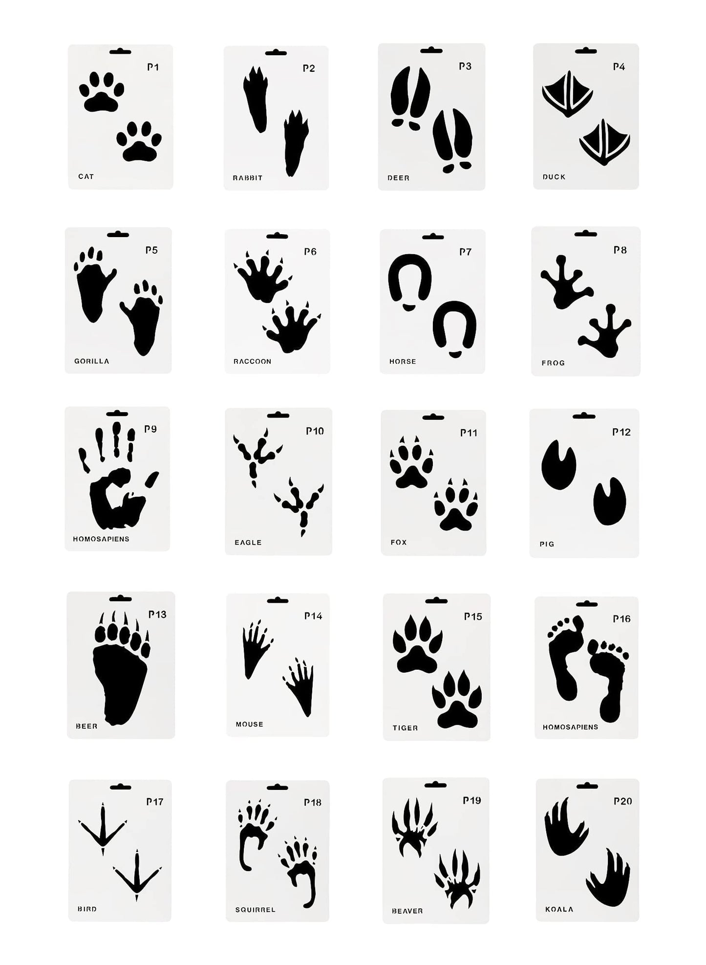 Sowaka 20 Pcs Animal Footprint Stencils Plastic Reusable Painting Templates for Painting on Wood Walls Art Craft Scrapbooking Journal Drawing Home Decoration Christmas Halloween