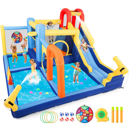 JOYLDIAS Inflatable Water Slide,Water Park Bounce House,Slide Bouncer Castle Playhouse w/Splash Pool, Climbing Wall, Trampoline，Felt Ball Target, Ring Toss Game for Kids Outdoor Fun, 550W Air Blower