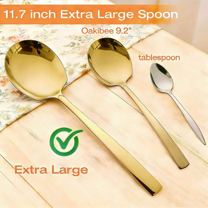 Extra Large Serving Spoons Set 11.7-Inch Gold Serving Utensils 18/8 Stainless Steel Big Metal Spoons for Buffet, Parties, Catering, Banquet - Dishwasher Safe (2-Pack, Gold)