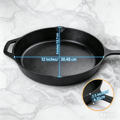 Skiennix Pre-Seasoned Cast Iron Skillet - 12.5 Inch Heavy Duty Non-Stick Cooking Pan with Dual Handles