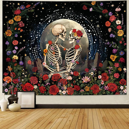 Serborlur Skeleton Lovers Tapestry Aesthetic Gothic Skull Tapestries Boho Romantic Flower Floral Wall Decor The Lovers Wall Hanging for Bedroom Living Room Dorm