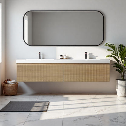 Trygoal 72'' Floating Bathroom Vanity with Sink, Wall-Mounted Bathroom Storage Cabinet with 2 Soft-Close Striped Drawers & Double Solid Surface Basins, Natural Oak Body with Internal Handle, Wood
