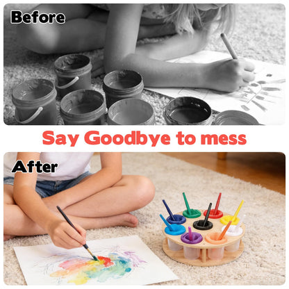 Painting Cups with Rotating Holder 9pcs No Spill Paint Cup with Colored Lids Paintbrushes Waterproof Smock Spill Proof Art Painting Containers Supplies