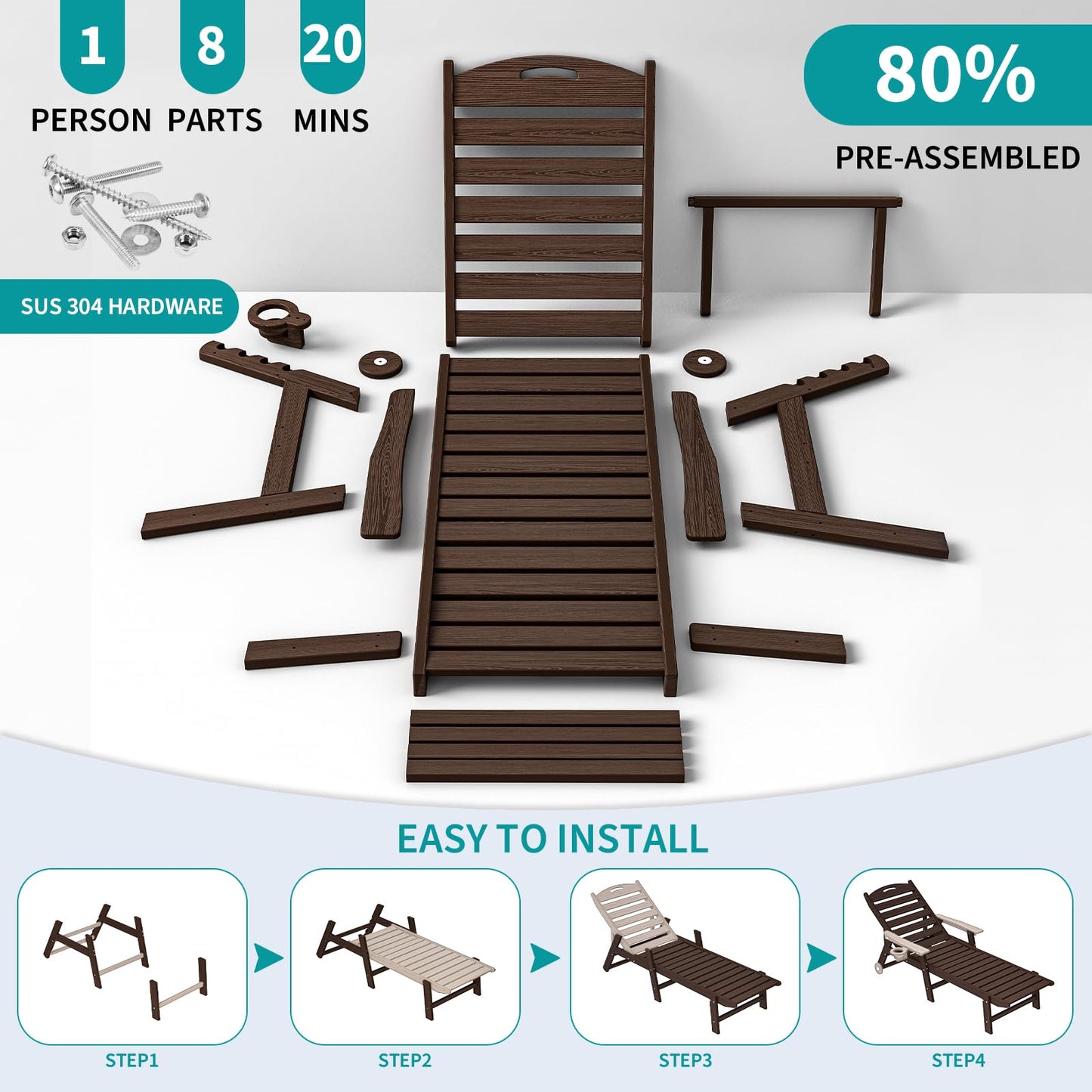 Plawdlik Oversized Patio Chaise Lounge Set of 2, 5 Positions Adjustable HDPE Outdoor Lounge Chair with Rolling Wheels & Cup Holder,All-Weather for Poolside, Beach, Garden - Coffee