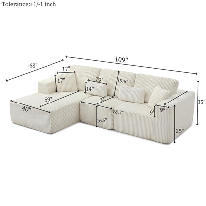 109" Modular L-Shaped Corner Cloud Sofa Corduroy Modular Couches with Deep Seat, 3 Pieces Compressed Boneless Sofa W/Right Chaise Lounge and 4 Pillows for Living Room