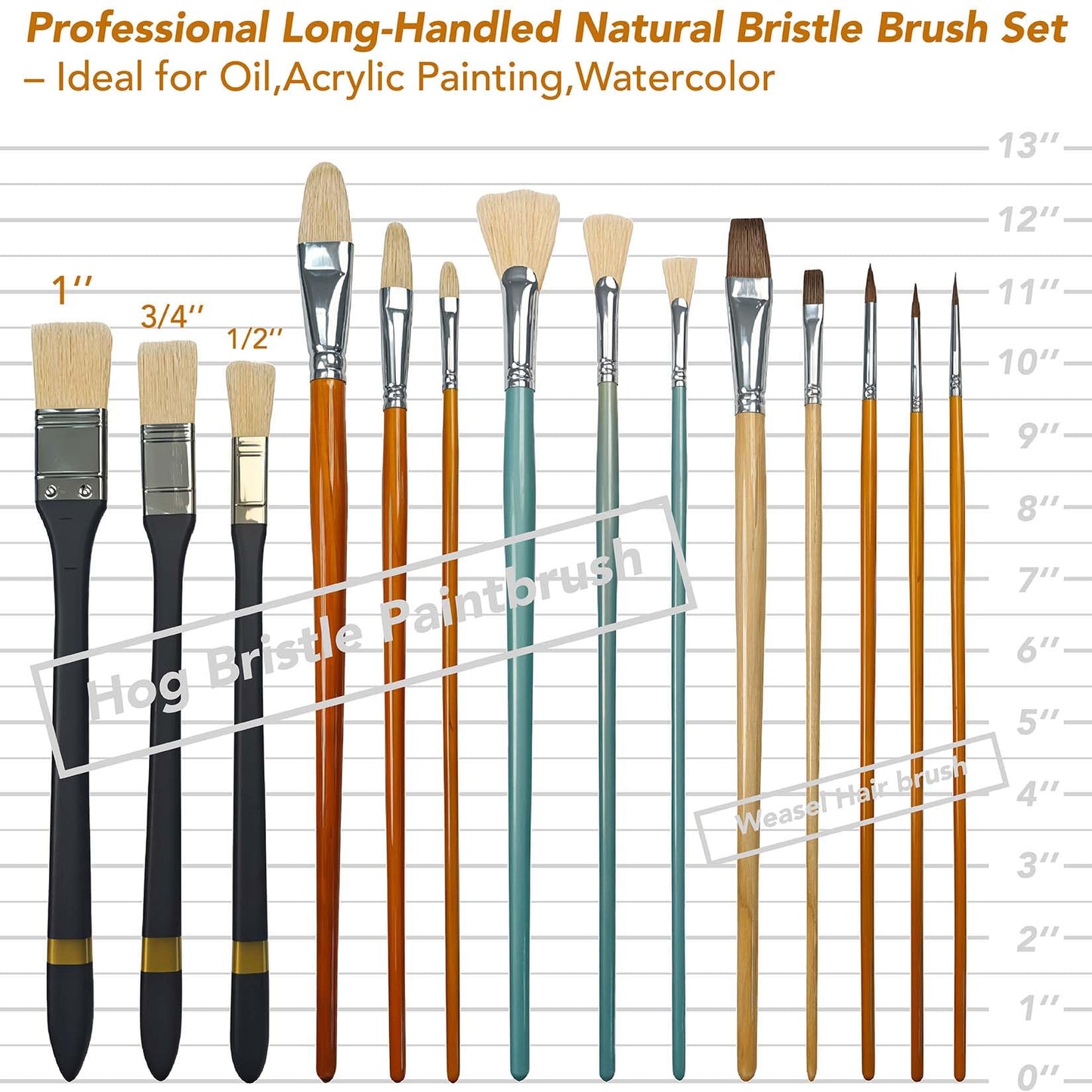 14 Paint Brushes Set with Brush Holder, Includes Hog Bristle & Weasel Hair Brushes for Oil, Acrylic, and Watercolor, Rotating Metal Clamp Convenient Storage and Positioning During Painting