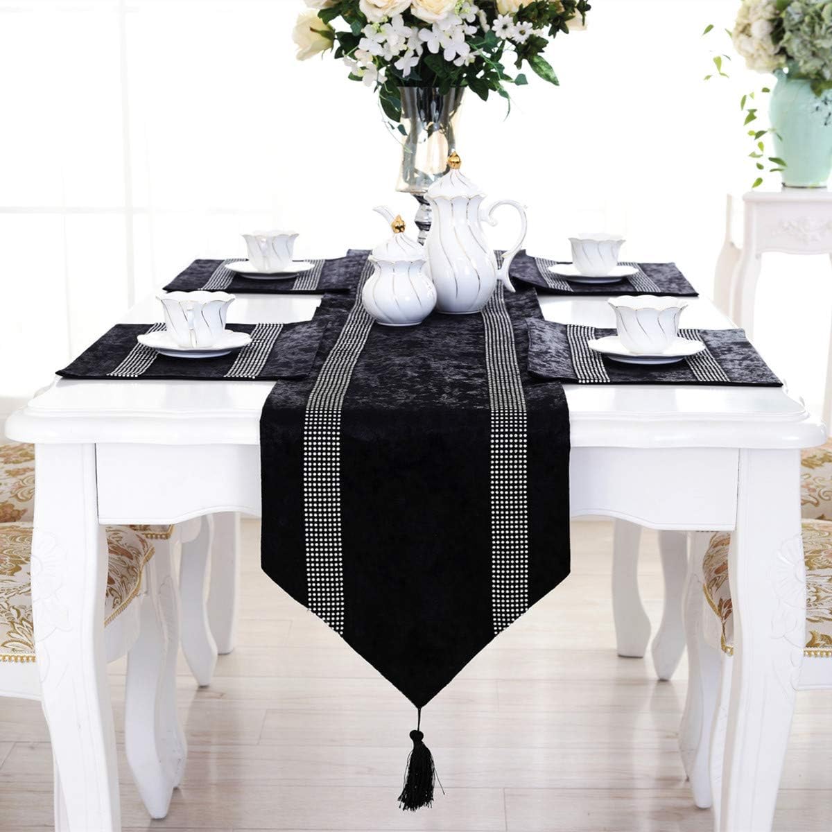 San Tungus 13 84 Inch Multi-Size Elegant Table Runner with Tassels Bright Rhinestone, x for Farmhouse Long Side Desk