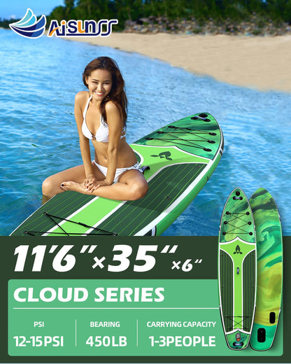 AISUNSS 11'6''x35'' Super Wide Inflatable Paddle Board, 450lb Capacity Premium Stable SUP Board for 2+1 People/Family w/100L Backpack, Dual-Action Pump, Safety Leash (Green Oil Painting)