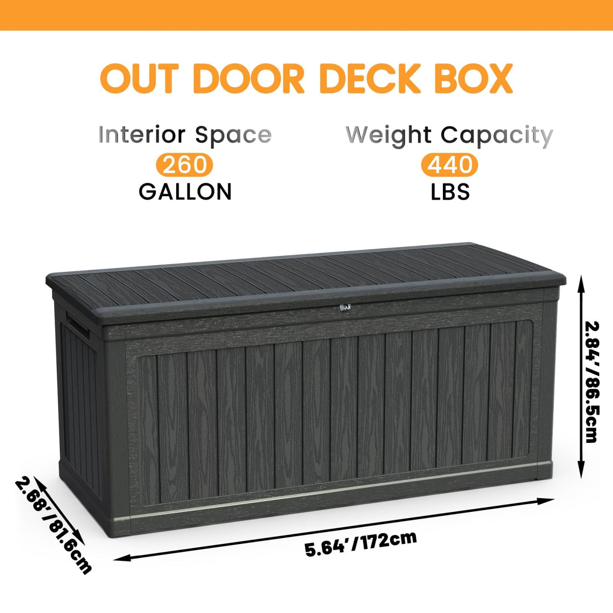 KCSWKJ Large Outdoor Storage Deck Box for Patio Furniture, Outdoor Cushions, Garden Tools and Sports/Pools Equipment, Waterproof Resin, Lockable, Black