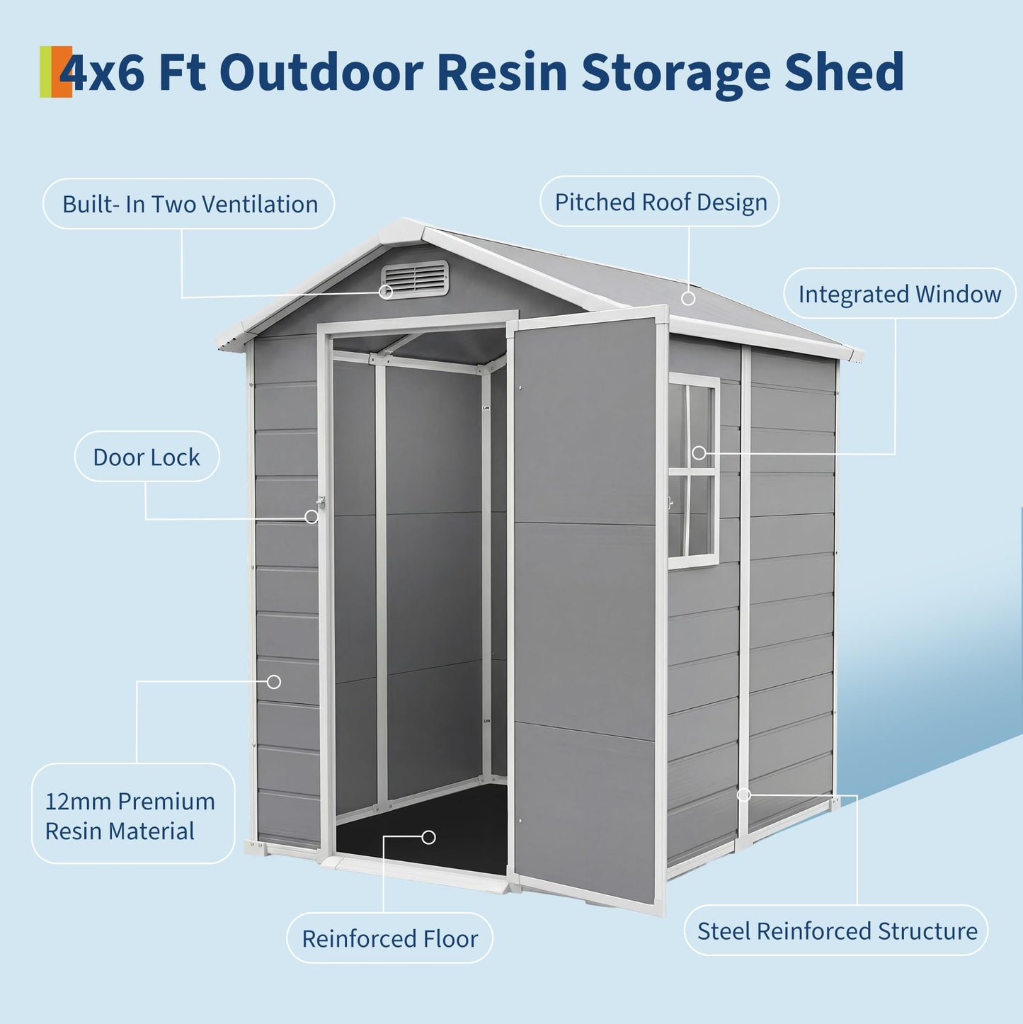 Outdoor Storage Shed with Floor, Plastic Resin Garden Shed with Window & Sloping Roof & Lockable Door for Patio Backyard Garden, Lawn Mower, Bike, Tool Storage (Light Gray, 4' x 6')