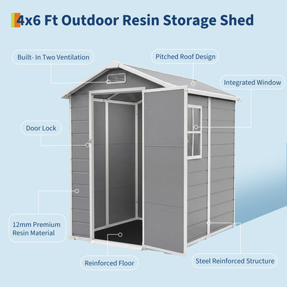 4x6 ft Outdoor Resin Storage Shed with Floor, Lockable Door & Window, Sloping Roof, Plastic Outdoor Sheds with Floor Garden Shed for Backyard Patio Lawn Mower Bike Tool Storage