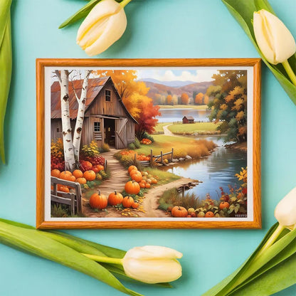 YEEIFFD Autumn Diamond Painting Kit for Adults Wooden Barn Fall Pumpkins Diamonds Painting DIY Round Diamond Art Kit Thanksgiving Gem Art for Home Wall Decor 12x16 Inch