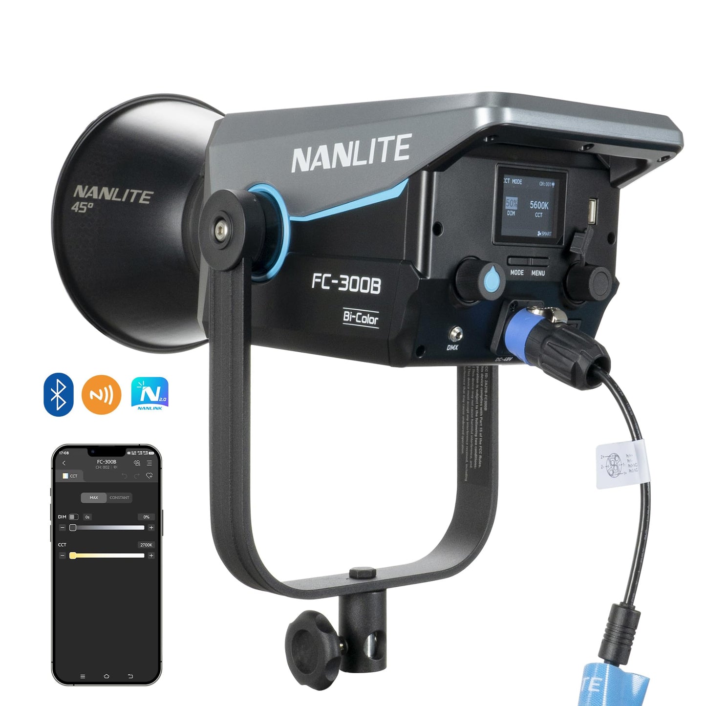 NANLITE FC-300B 350w LED Video Light, CRI 96+ 2,700K-6,500K Bi-Color Photography Light with Bowens Mount, FX Modes, App Control for Studio, Filmaking,Portrait,YouTube Content Creation