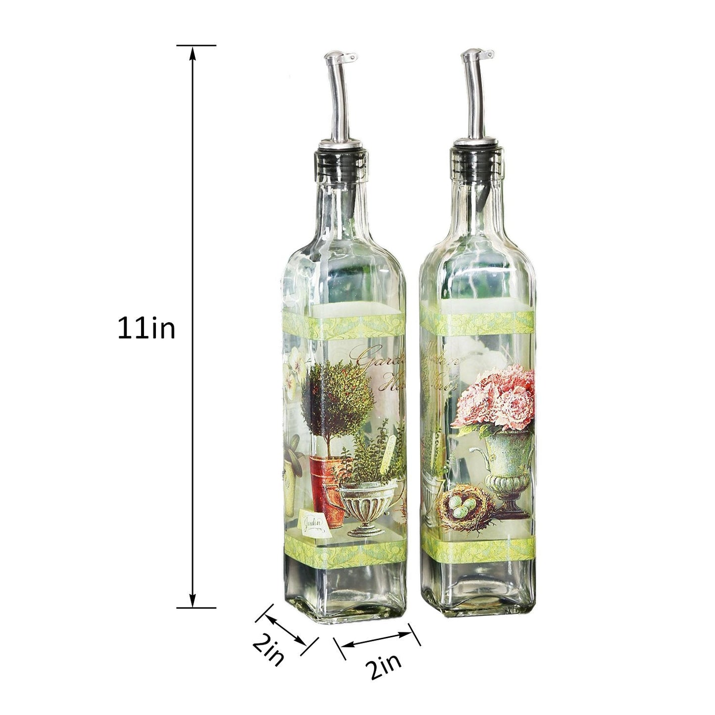 CEDAR HOME Olive Oil Bottle Set Glass Dispenser Vinegar Cruet 17oz. with Stainless Steel Leak Proof Pourer Spout for Cooking or Salad Dressing, 2 Pack, Green