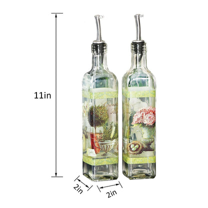 CEDAR HOME Olive Oil Bottle Set Glass Dispenser Vinegar Cruet 17oz. with Stainless Steel Leak Proof Pourer Spout for Cooking or Salad Dressing, 2 Pack, Green