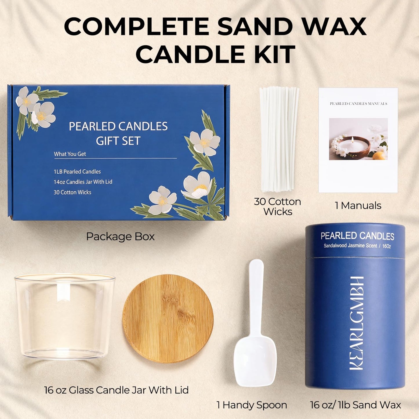 Sand Candle Making Kit - 1 lb Pearled Candle Sand and Wicks, Sand Wax Beads with Jasmine Sandalwood Scent, Lidded Large Glass Jar, 100-Hour Burn, Candles Making Christmas Gift for Adults & Beginners