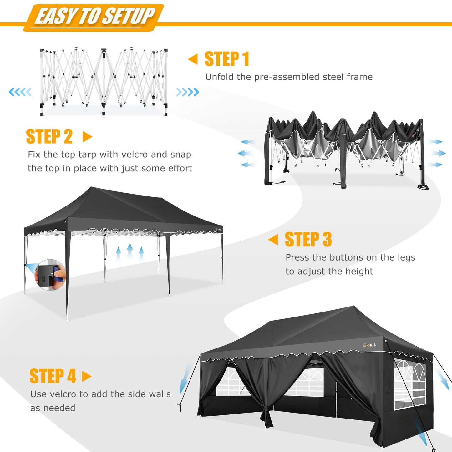 HOTEEL 10x20 Pop Up Canopy with 6 Sidewalls, Easy Setup Party Tent with Wheeled Bag, 4 Weight Bags, Silver Coated Event Shelter for Backyard, Vendor Booths, Black