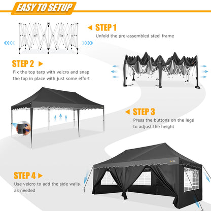 HOTEEL 10x20 Pop Up Canopy with 6 Sidewalls, Easy Setup Party Tent with Wheeled Bag, 4 Weight Bags, Silver Coated Event Shelter for Backyard, Vendor Booths, Black