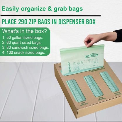 BEIDOU-PAC Compostable Combo Storage Zip Bags, 290 Count Resealable Variety Pack with Organizer, Reclosable Biodegradable Eco-Friendly Compost Snack, Sandwich, Quart, Gallon Assorted Size Bags