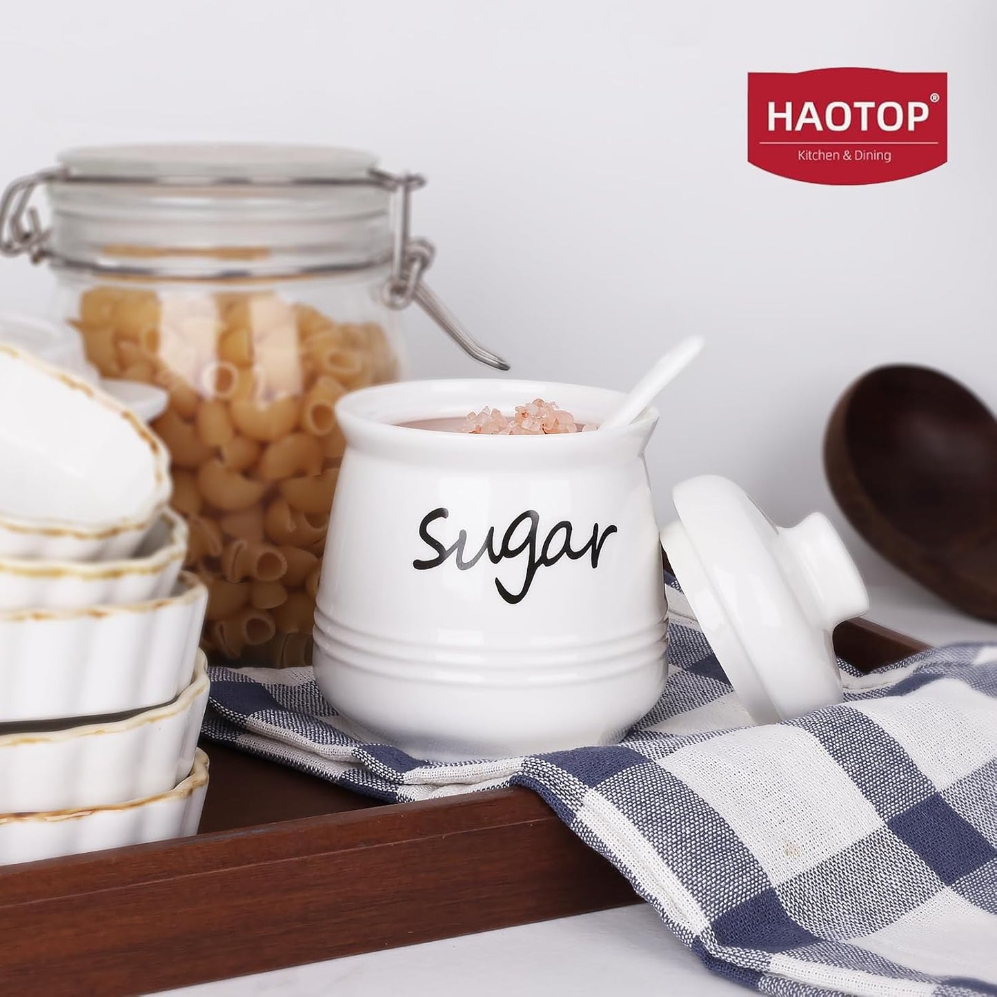 12oz Countertop HAOTOP Ceramic Sugar Bowl with Lid and Spoon, Sugar Jar Sugar Dispenser Sugar Container Coffee Bar