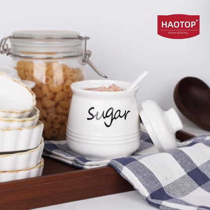 12oz Countertop HAOTOP Ceramic Sugar Bowl with Lid and Spoon, Sugar Jar Sugar Dispenser Sugar Container Coffee Bar
