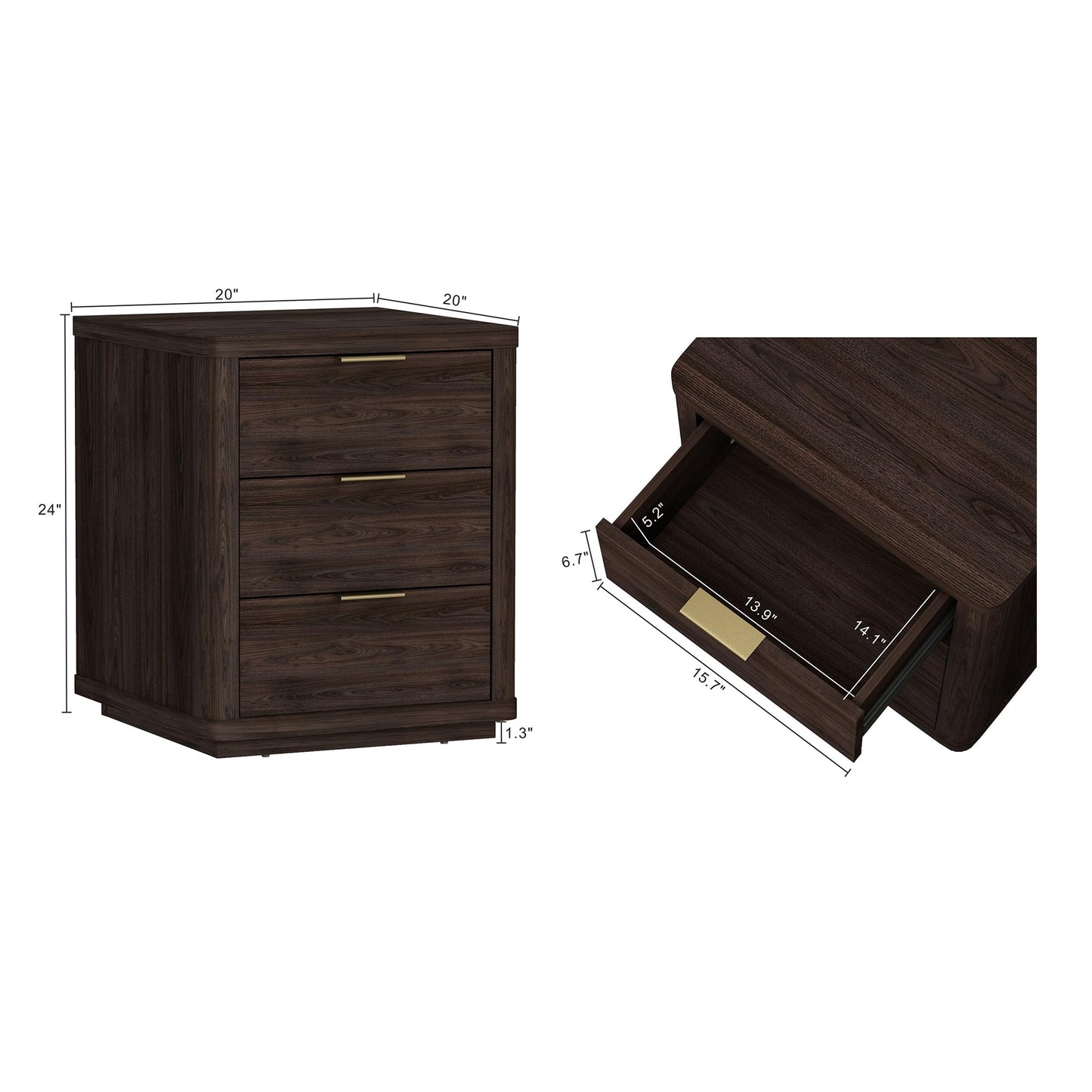 Manhattan Comfort Evelyn Set of 2 Nightstands with Full Extension Drawers, Minimalist Bedside Table with Rounded Corners and Raised Base, Modern Night Stand for Bedroom, or Living Room in Brown