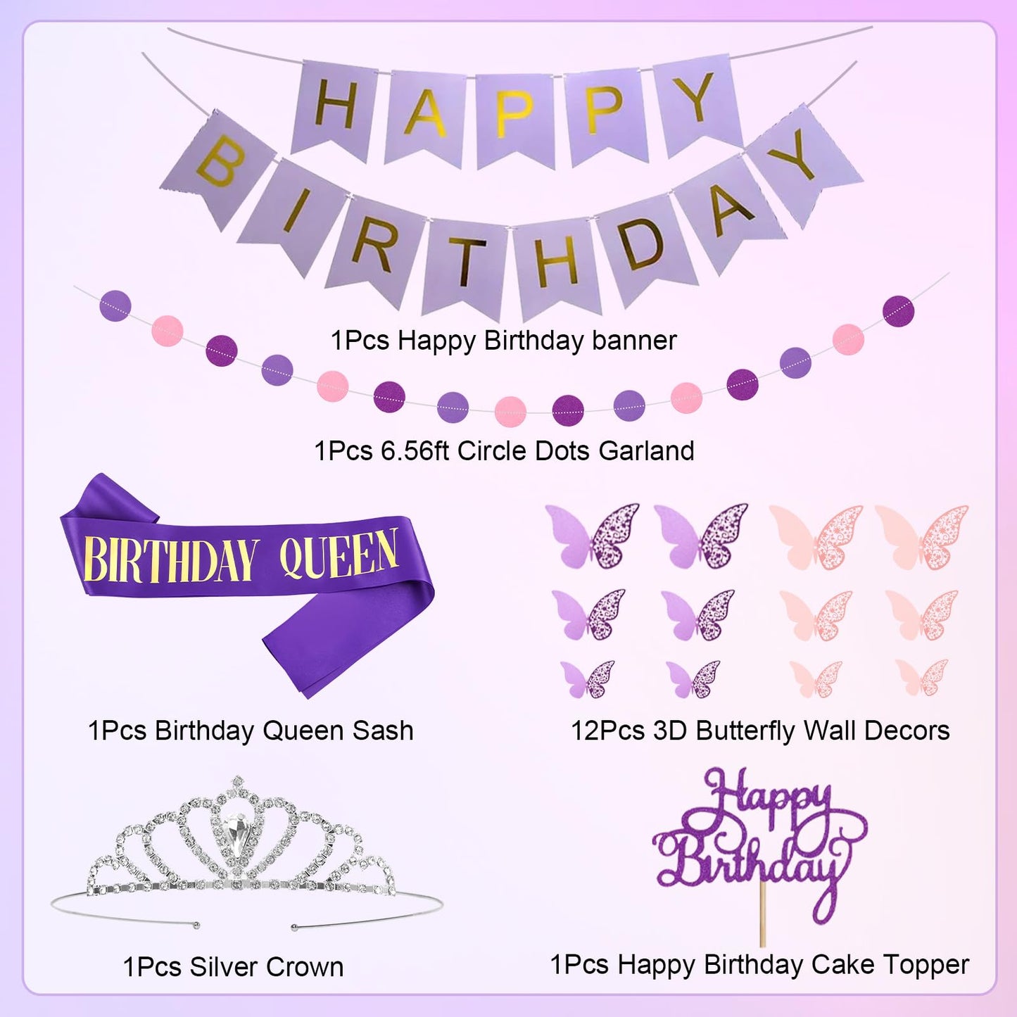 Amandir Purple Birthday Decorations for Women, Pastel Pink and Purple Balloons Foil Table Cloth Sash Crown Fringe Curtains Happy Birthday Banner Circle Garland Butterfly Cake Topper Party Supplies
