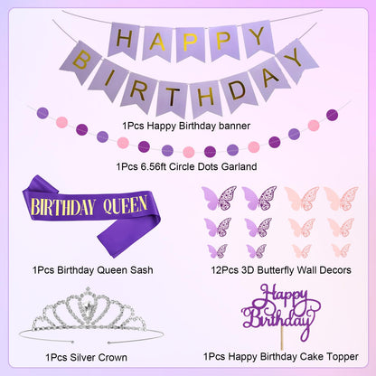 Amandir Purple Birthday Decorations for Women, Pastel Pink and Purple Balloons Foil Table Cloth Sash Crown Fringe Curtains Happy Birthday Banner Circle Garland Butterfly Cake Topper Party Supplies