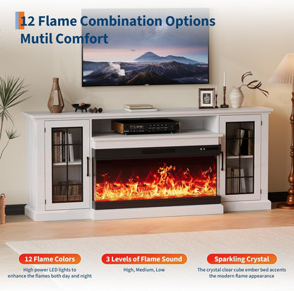 Fireplace TV Stand with 3-Sided Glass, Adjustable LED Flame, 12 Flame and Log Colors, Glass Doors and Storage Shelves, Modern Farmhouse Electric Fireplace Entertainment Center for TVs Up to 85"