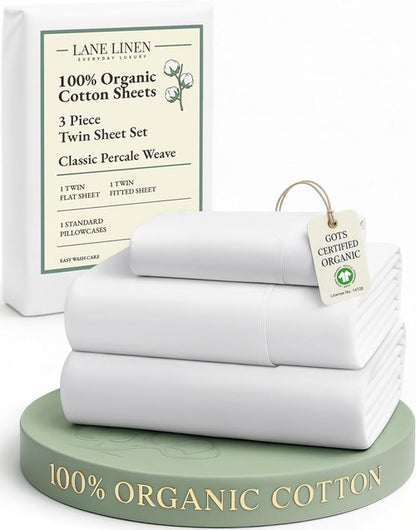 LANE LINEN 100% Organic Cotton Twin Sheets Set - Soft, Breathable Percale Bedding | 3-Piece White Set