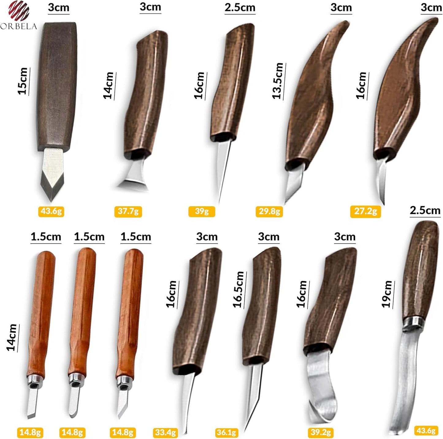 Orbela 16PCS Wood Carving Tools Set Heavy Duty with Leather Roll Bag - Complete Wood Carving Kit for Beginners & Experts, Whittling Knives, Wood Carving Chisels, Sharpening Strop, Gloves Woodworking