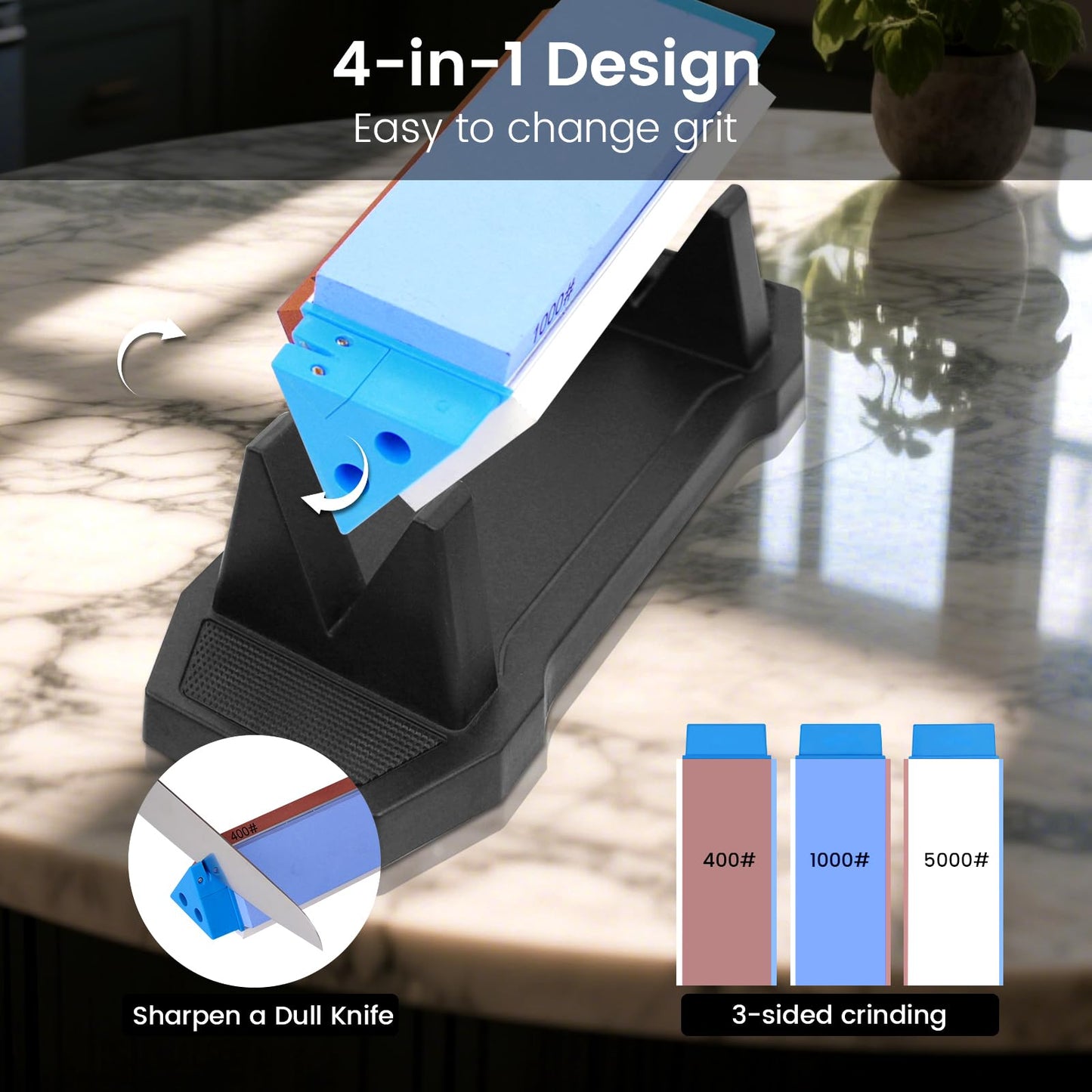 Whetstone Sharpening Stone Kit, Premium 3 Side Grit 400/1000/5000 Knife Sharpener for Sharp Blade, with Non-Slip Base, Angle Guide & Leather Strop