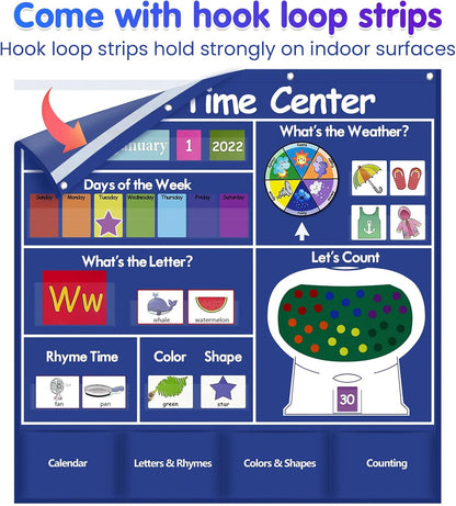 Auchq Circle Time Learning Center - Heavy-Duty Kids Calendar Pocket Chart | Educational Weather & Rhyme Chart (Blue)