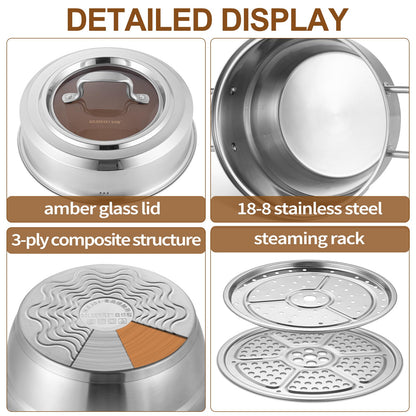 GOLDEN KEY 7.4 QT Steamer for Cooking, 2-Tier Multipurpose 18/8 Stainless Steel Steamer Pot with Lid for Vegetable, Seafood, Rice, Dumplings, Works with Gas Electric Induction Stove