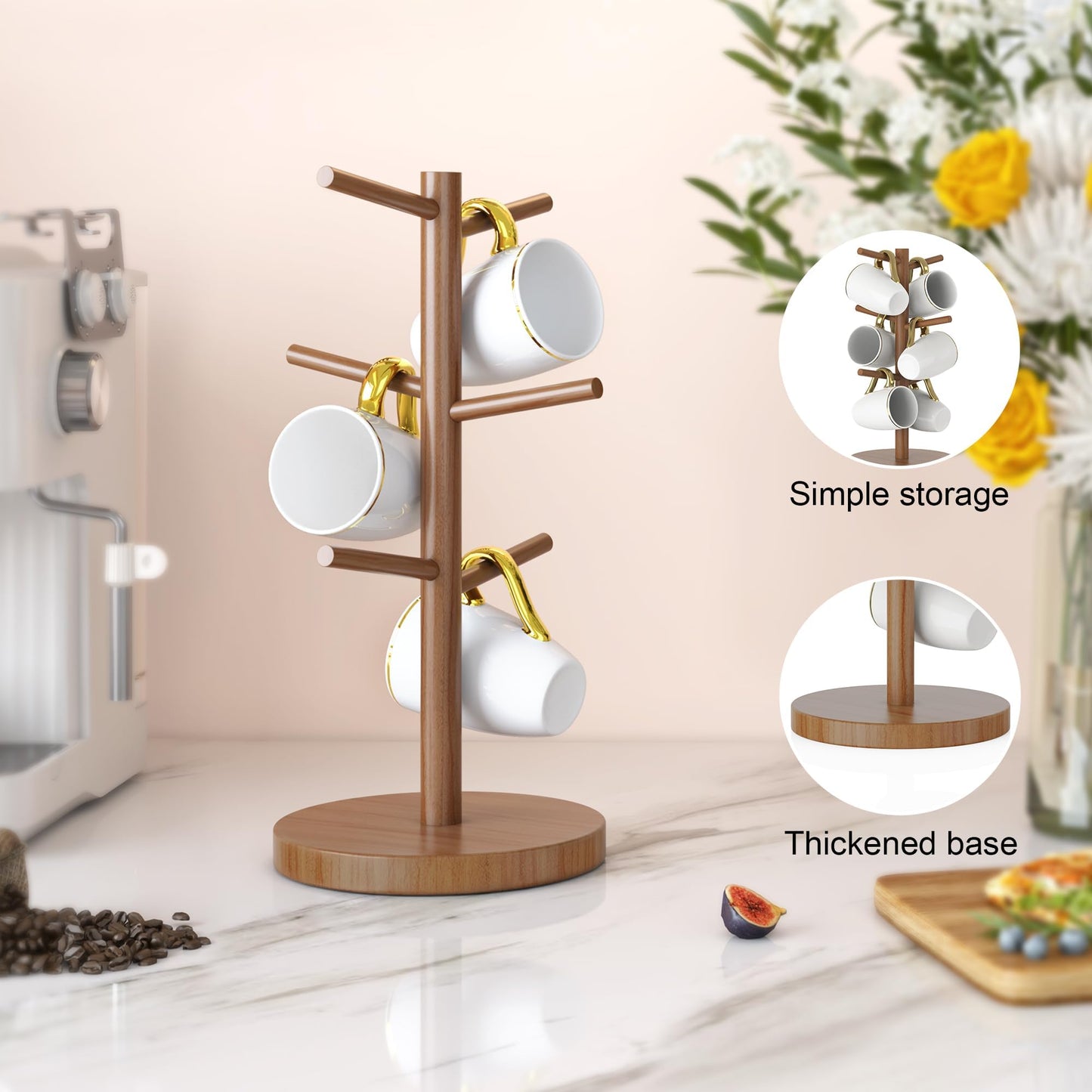 Wisuce Bamboo Coffee Mug Holder Tree, Thicker Base Coffee Cup Holder Stand for Counter, Countertop Mug Rack Organizer with 6 Hooks (Brown