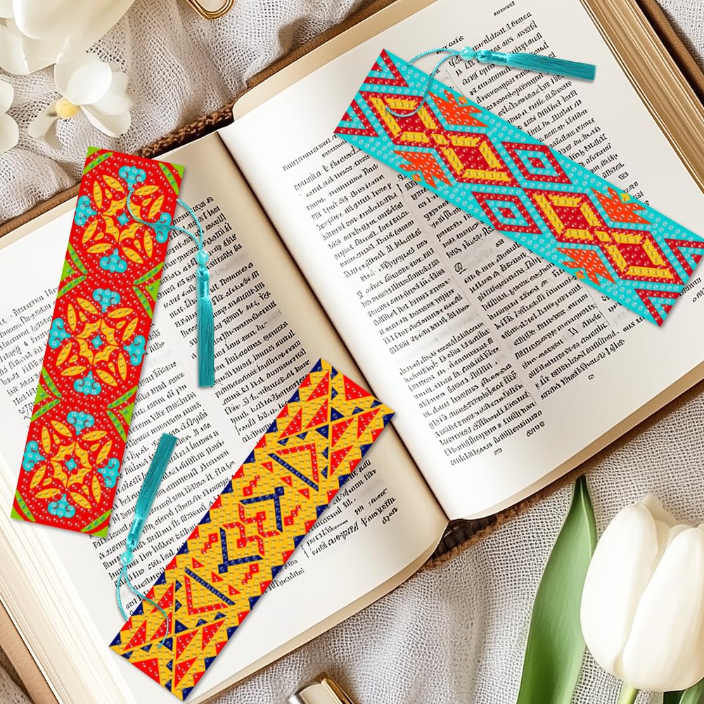 beinkmake 6Pcs Geometric 5D Diamond Art Bookmarks Vintage Floral Diamond DIY Painting Bookmarks Rhinestones Beaded Acrylic Tassel Bookmark for Adult Beginner Crafts