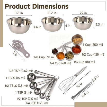 17 PCS Stainless Steel Mixing Bowls Set, Includes 3 Sizes Containers, 12 Measuring Tools, 10 in Whisk, Plastic Egg Separator, Essential Kitchen Utensil Set for Cooking, Baking, Meal Prep