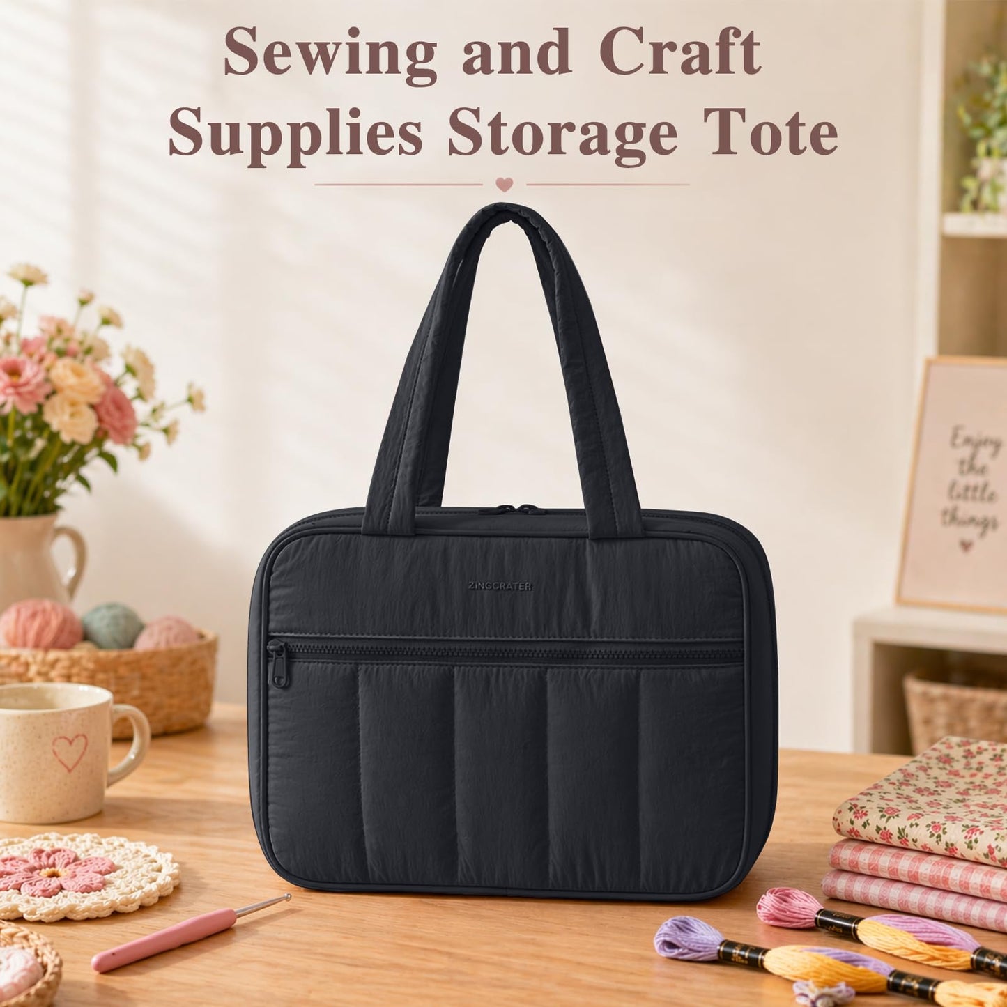 AMOIGEE Sewing Supplies Organizer Bag, Large Craft Storage Tote with 17 Clear Pockets&Tool Holders, Portable Crochet Knitting Embroidery Organizer Case for Threads, Hooks, Needles & Sewing Accessories