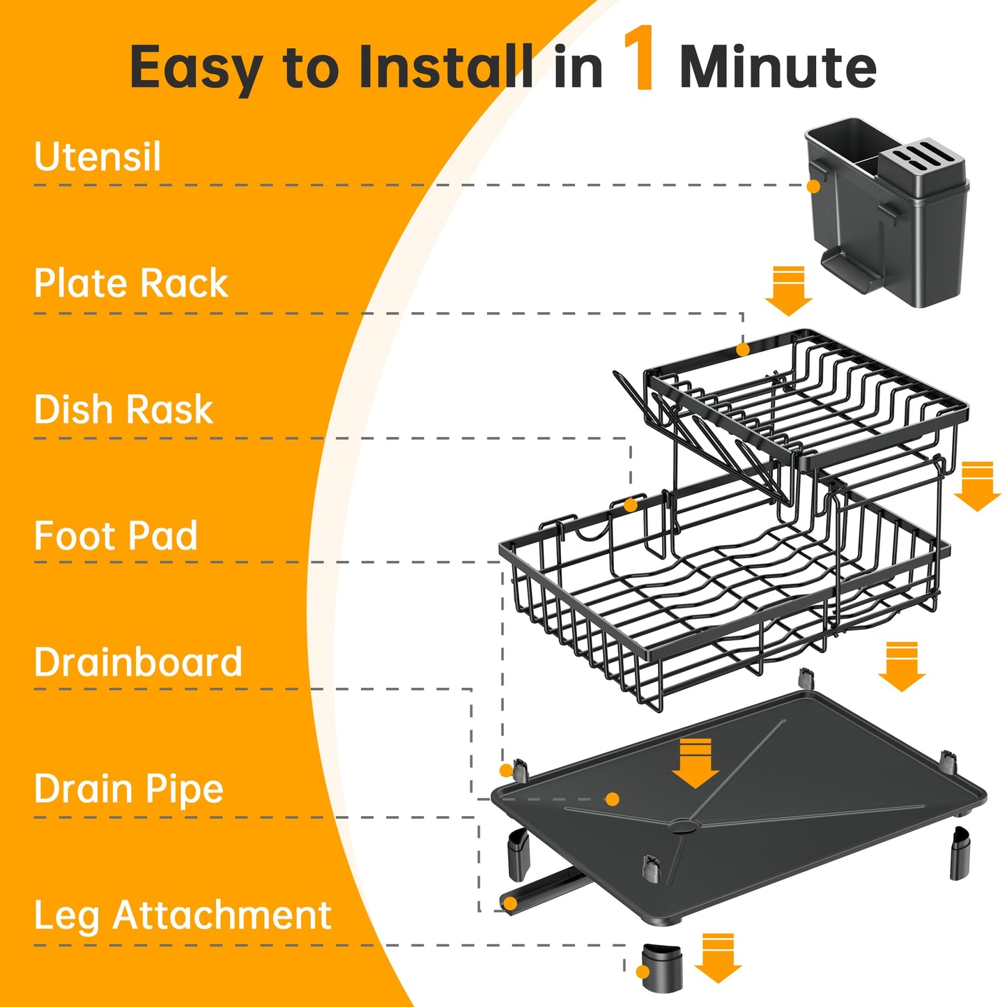 IMXSUMDA Dish Drying Rack, 2 Tier Dish Racks for Kitchen Counter, Compact Drying Rack Kitchen, Rust-Resistant Dish Drainer, Detachable Space-Saving Dish Rack with Drainboard, Utensil Holder, Black
