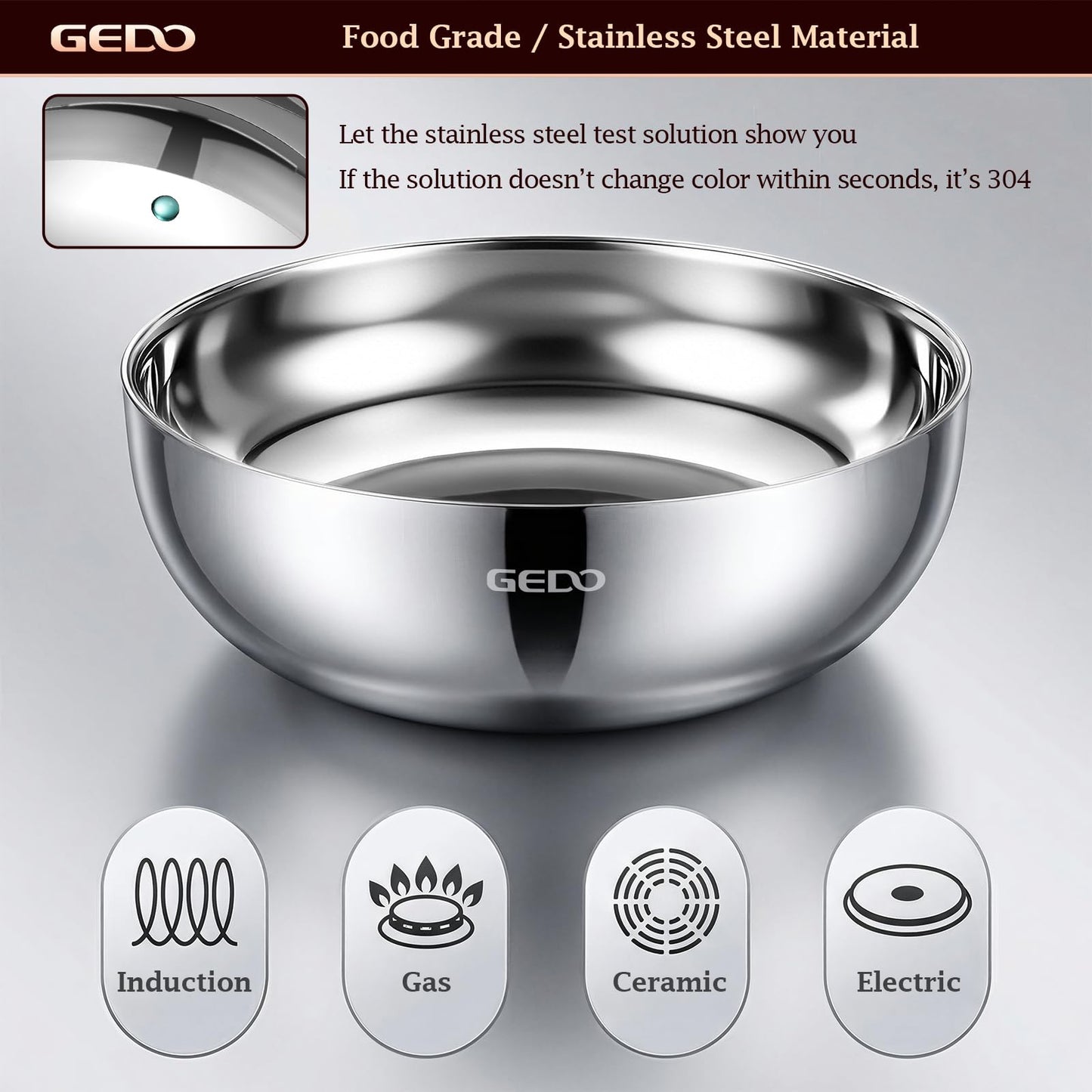 GEDO Triple-Layer 304 Stainless Steel Mixing Bowl, All Stovetop Compatible Deep Large Capacity Bowl with Non-Stick Mirror Polished Interior for Kneading Dough, Baking, Cooking (11in / 28cm)