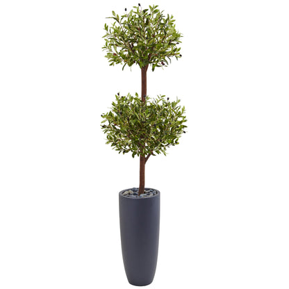 Nearly Natural 6ft. Olive Double Artificial Tree in Gray Cylinder Planter