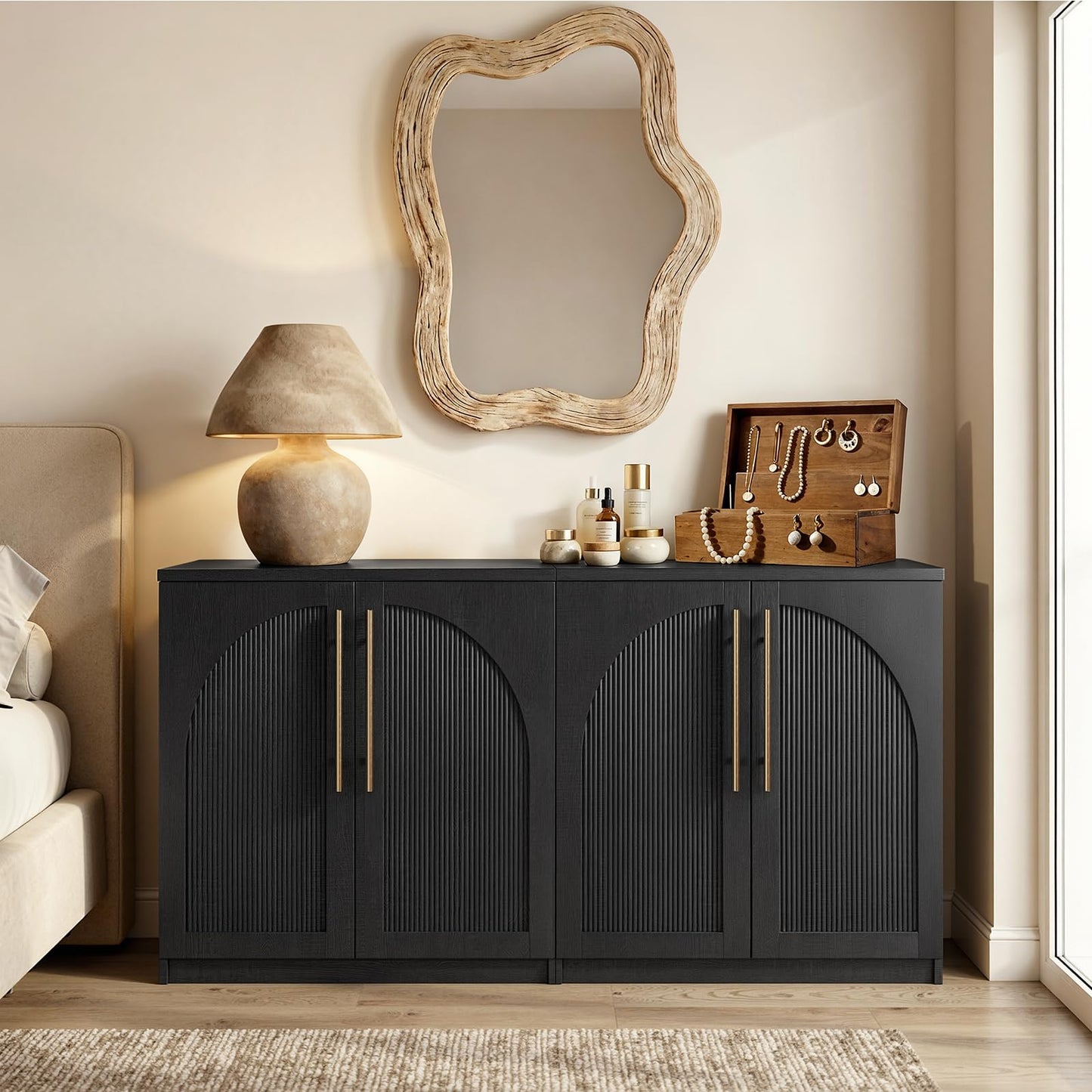 ModernMate Set of 2 Arched Sideboard Cabinets, 62" Modular Storage Buffet Table with Wave-Panel Doors, Black Wood Grain Media Console with Soft-Close Hinges for Living Room