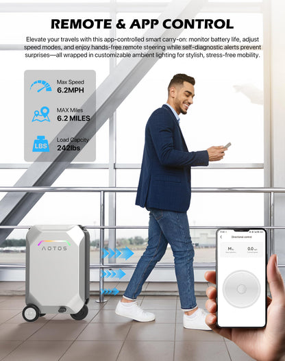 AOTOS Smart Rideable luggage-Roller carry-on luggage 22x14x9-TSA,Airline-Approved 22 inch Hardshell,Zipperless Travel Suitcase with Rolling Wheels,App Control-Cabin Suitcase for Airport Travel(Silver)