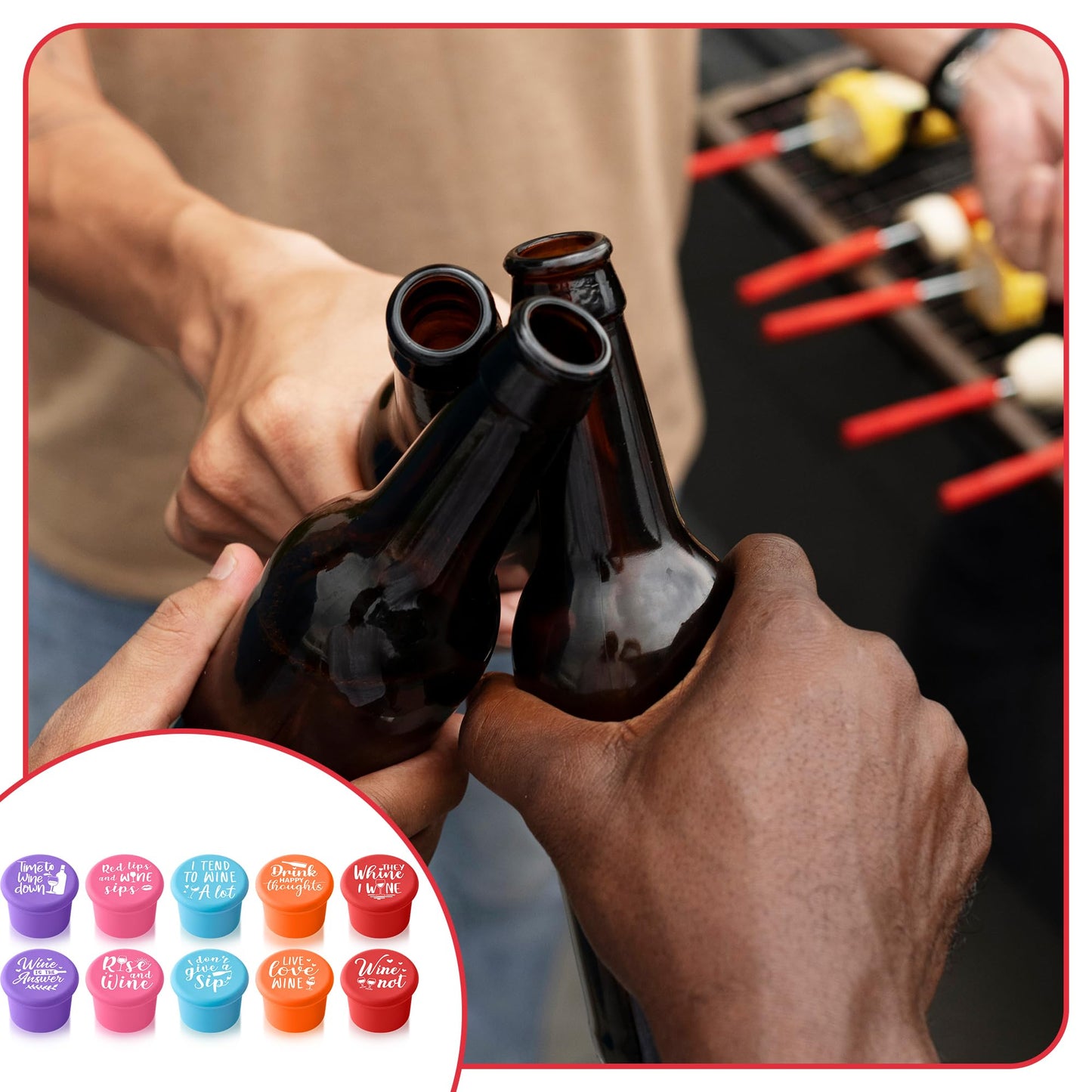 GROBRO7 10Pcs Wine Stoppers Set Funny Live Love Wine Pattern Silicone Bottle Covers Gift for Women, Reusable Beverage Corks Strong Sealing Liquor Accessories for Outdoor Picnic Barbecues Party Bars