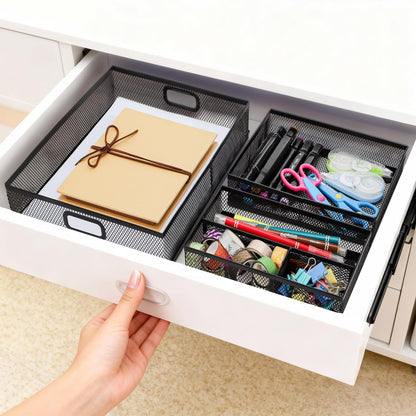 Noamus 3 Pack Office Drawer Organizer, Desk Drawer Divider Tray, Metal Mesh Desktop Basket, 6 Compartments Pen Storage Box for Makeup, Stationery, Office Supplies & Accessories, Kitchen(Black,3 Size)
